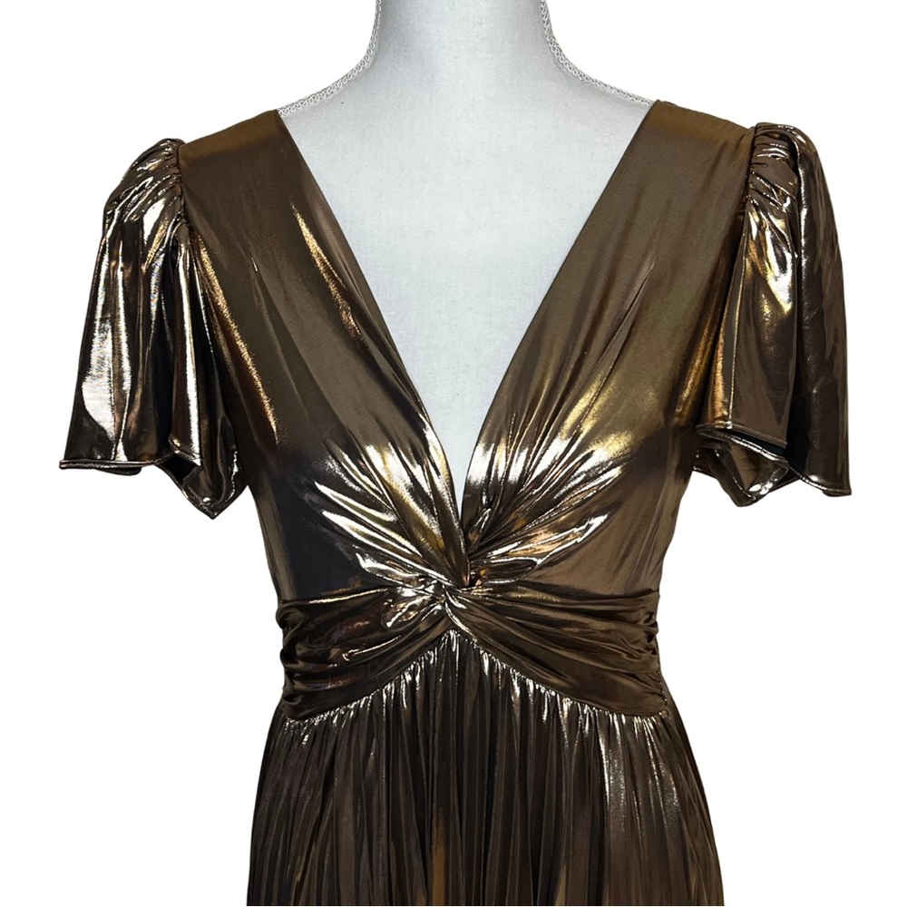 Skies Are Blue Metallic Bronze Twist-Front Pleated Maxi Dress - Picture 6 of 12